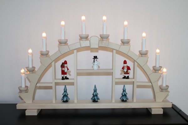 Candle arch Erzgebirge wood natural 64x40 cm 10 candles with snowman + Santa Claus + trees