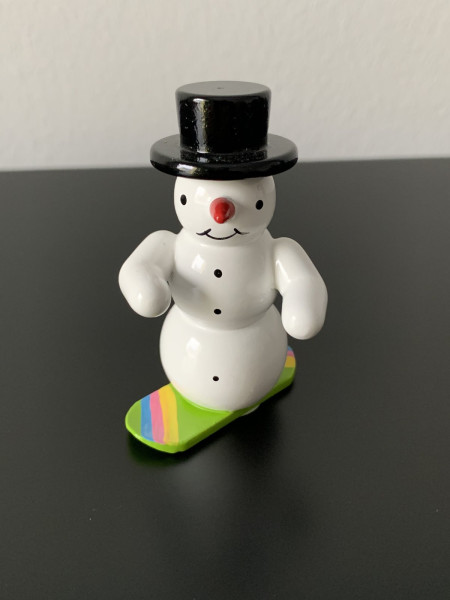 Snowman on snowboard decorative figure made of wood 5.5cm