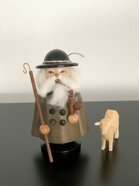 Smoking man shepherd with sheep stained 13cm