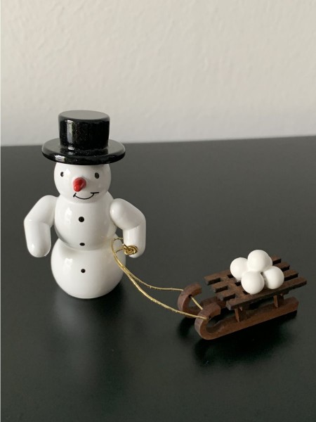 Snowman with sleigh decorative figure made of wood 5.5cm