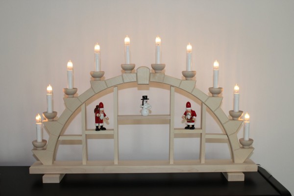 Candle arch natural wood 10 electric candles display case - 64x40 cm Santa Claus + snowman